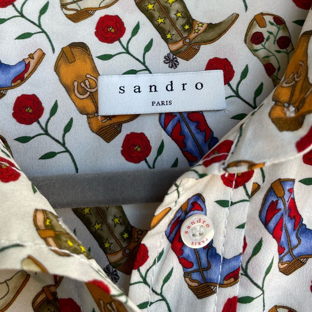 SANDRO Cream Cowboy Boot Printed French Western Ruffle Button Down Shirt Blouse - Picture 10 of 12